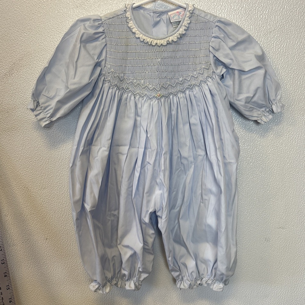 Petit Ami Smocked Bubble Romper Baby Girl Size 6-9 Months Pale Blue